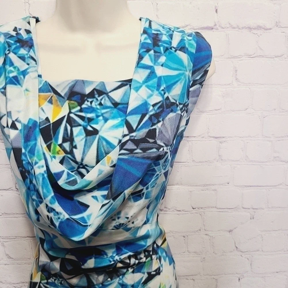 Magaschoni New York Blue Geometric Diamond Print 100% Silk Cowl Neck Dress 2 - Picture 2 of 9